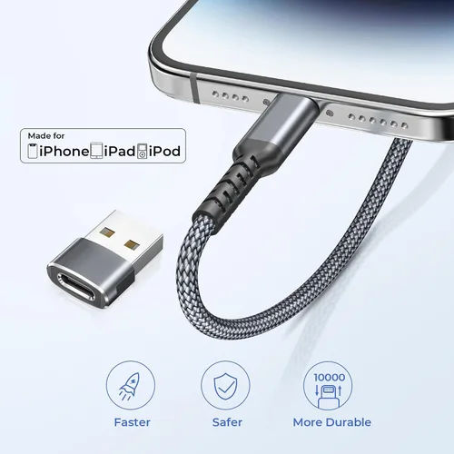Vista 4 de Basesailor - Cable cargador corto de 1 pie para iPhone 14 13, cable USB C a Lightning con adaptador USB A, cable de carga rápida para Apple iPhone
