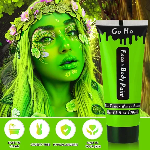Vista 3 de Go Ho Pintura corporal verde Amazon lavable (2.37 onzas por pieza), pintura corporal crema a base de agua, accesorios verdes, disfraces