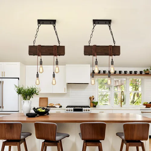 Vista 5 de KEESFU 4 luces colgantes de granja para isla de cocina, luz colgante de techo de madera rústica, altura ajustable, lámpara de comedor para isla