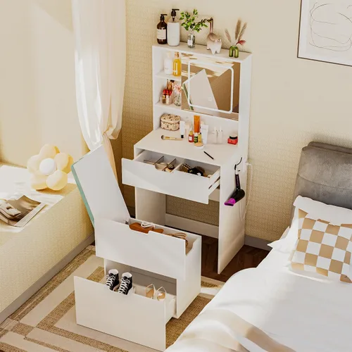 Vista 8 de Tocador pequeño con silla, espejo y luces, juego de mesa de maquillaje compacto para espacios pequeños, taburete de almacenamiento móvil
