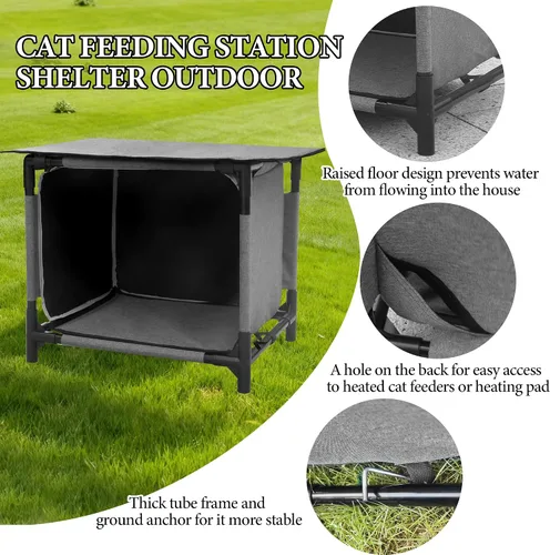 Vista 3 de Casa impermeable para gatos para estación de alimentación de gatos al aire libre, resistente a la intemperie, para gatos callejeros, gatos salvajes