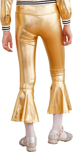 Vista 6 de JEATHA Pantalones acampanados metálicos brillantes para niñas y niñas, pantalones de baile de discoteca con parte inferior de campana, pantalones