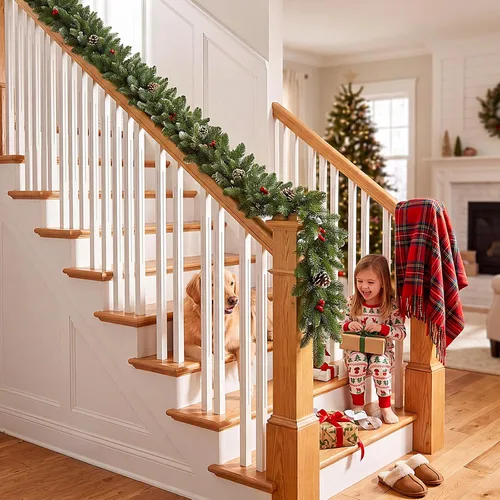 Vista 8 de ANOTHERME Guirnalda de Navidad artificial preiluminada de 9 pies, decoración de Navidad para interiores y exteriores, guirnalda con temporizador que