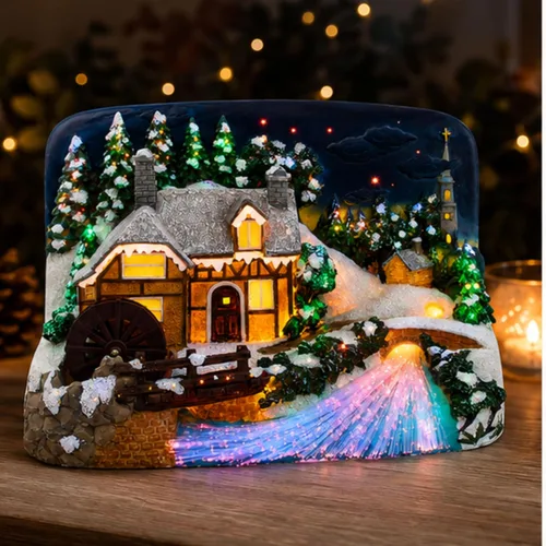 Vista 4 de Coleccionable de Navidad, casa en la montaña, fibra óptica