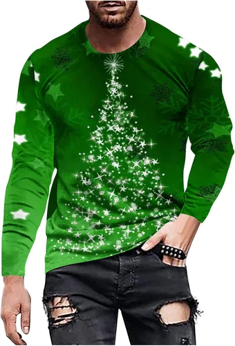 Vista 5 de Camisetas para hombre, diseño gráfico de Navidad, de manga larga, ajuste muscular, para gimnasio, entrenamiento, camiseta casual con cuello redondo