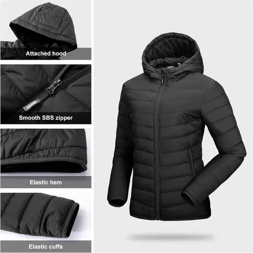 Vista 5 de Outdoor Ventures Chaqueta acolchada ligera con cremallera completa para mujer, abrigo de invierno acolchado con capucha