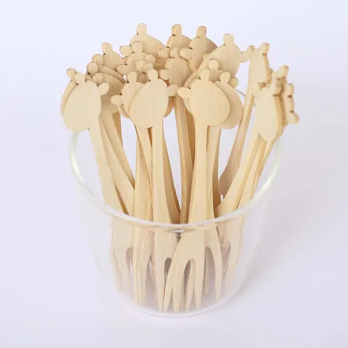 Vista 4 de Efavormart - Paquete de 100 mini tenedores de bambú biodegradables naturales de jirafa, de doble punta, ecológicos, suministros desechables