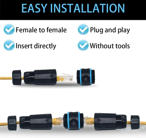 Vista 4 de Conector impermeable RJ45, conector de cable hembra a hembra, con acoplador de cable de blindaje CAT6-YMP23-Azul-2PCS