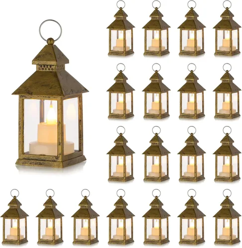 Vista 10 de Romadedi Mini Linternas Decorativas para Centro de Mesa - 10 Piezas de Linternas Pequeñas Negras Colgantes a Granel con Velas LED Parpadeantes