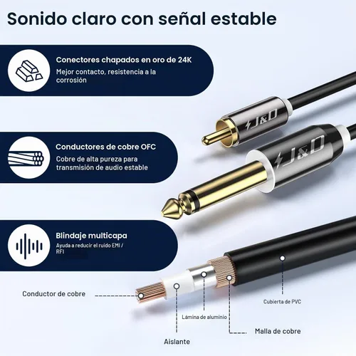 Vista 5 de J&D Cable de 1/4 a RCA, Carcasa de Cobre Chapado en Oro de Servicio Pesado 2X6.35mm TS a RCA Dual Cable de Interconexión de Audio Estéreo
