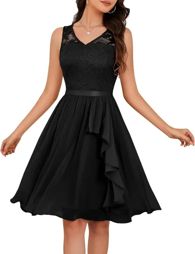 Vista 18 de Meetjen Vestidos de cóctel para mujer 2025 con dobladillo tipo pañuelo, encaje, formal, para invitada de boda, dama de honor, elegante, para Negro