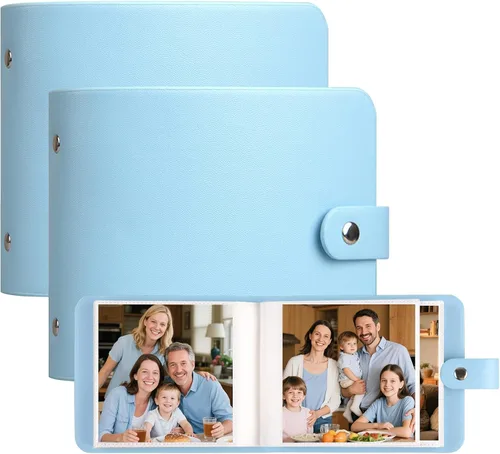 Vista 11 de Paquete de 2 álbumes de fotos pequeños de 4 x 4 con tapa de cuero para 64 fotos, libro de álbum de 4 x 4, página interior negra, obras de arte