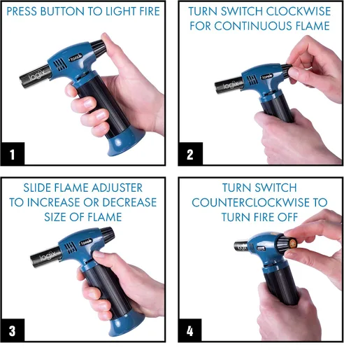 Vista 5 de Encendedor de antorcha de butano, antorcha de cocina para caramelizar, sellar, recargable con bloqueo de seguridad, llama doble ajustable para Azul