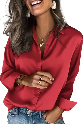 Vista 12 de Zeagoo Blusas de satén para mujer, camisas de seda con botones de manga larga, blusas casuales de negocios