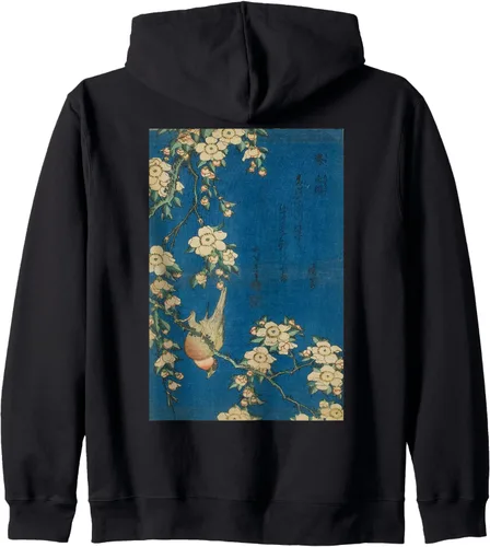 Vista 2 de Goldfinch and Cherry Tree - Sudadera con capucha con cremallera de arte retro japonés, Negro