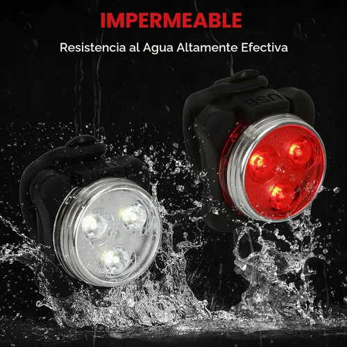 Vista 5 de Juego de 4 luces de bicicleta recargables por USB, impermeables, faros delanteros y traseros LED y luces traseras para bicicleta de montaña, 4 modos