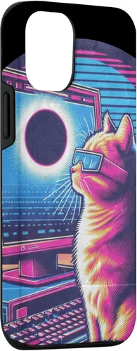 Vista 3 de iPhone 15 Cat Solar Eclipse - Synthwave Retro Poster Style Case