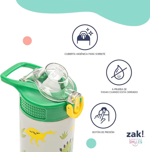 Vista 5 de Zak Designs Bluey Sage - Botella de agua para niños para la escuela o viajes, botella de agua de acero inoxidable de 14 onzas con popote, asa y tapa