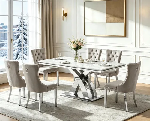 Vista 17 de Henf Mesa de comedor de mármol sintético de 68 pulgadas para 4-6 personas, mesa rectangular moderna con parte superior de mármol blanco y base