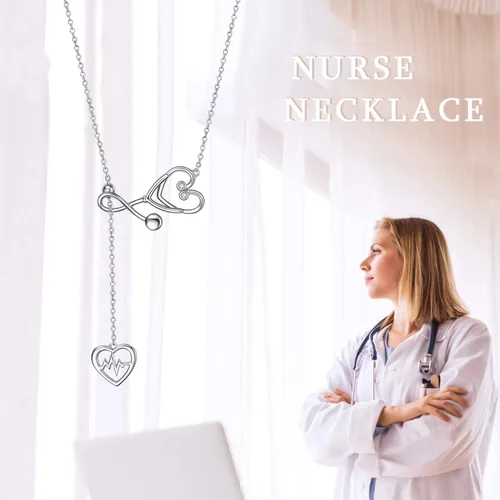 Vista 4 de Yfn Collar con dije de estetoscopio, con diseño del caduceo médico, de plata esterlina, de 18.0 pulgadas