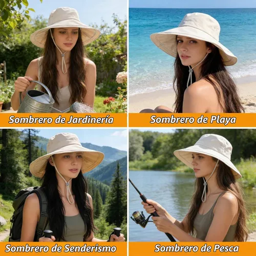 Vista 7 de Sombrero de ala ancha impermeable UPF 50+ para mujer con agujero para cola Beige