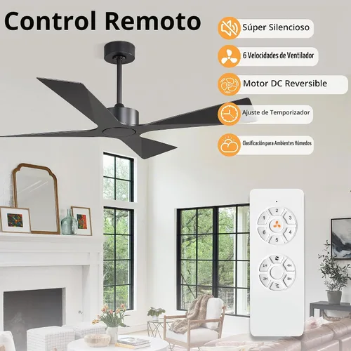 Vista 2 de WINGBO Ventilador de techo para exteriores de 54 pulgadas sin luces, 4 cuchillas de plástico ABS, motor CC reversible, control remoto de 6 Negro