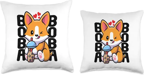 Vista 3 de Adorable Corgi Doggy Furry Mammals Pedigree Canine Kawaii Boba Dog Corgi Drink Lindo Anime Bubble Tea - Almohada de corazón, 16 x 16 pulgadas