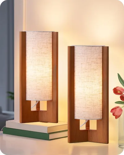 Vista 9 de EDISHINE Small Wood Table Lamp, 13.5" Modern Bedside Lamp, Beige Linen Shade, Natural Wood Cylinder Nightstand Lamp for Bedroom Living Room, On-Off