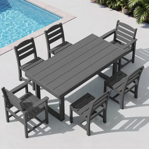 Vista 19 de SERWALL HDPE - Juego de comedor al aire libre para 4, 67 pulgadas, para todo tipo de clima, mesa de comedor y sillas sin brazos para terraza Negro