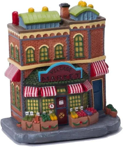 Vista 3 de Casa de pueblo navideño con luz, escena de mercado iluminada, decoración navideña, edificio