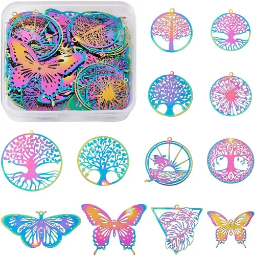 Vista 14 de FASHEWELRY 50 piezas de conectores de filigrana de mariposa de acero inoxidable, adornos de metal grabados con arco iris para fabricación de joyas
