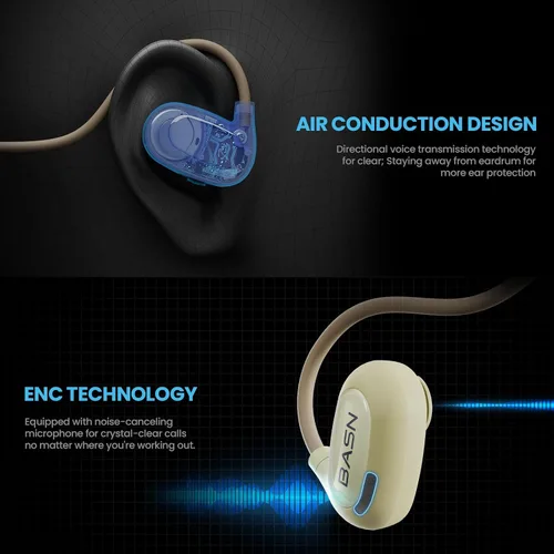 Vista 5 de BASN AirS1 - Auriculares de oreja abierta, Bluetooth 5.3 conducción de aire, auriculares deportivos ENC con sonido premium y llamadas claras, IPX5