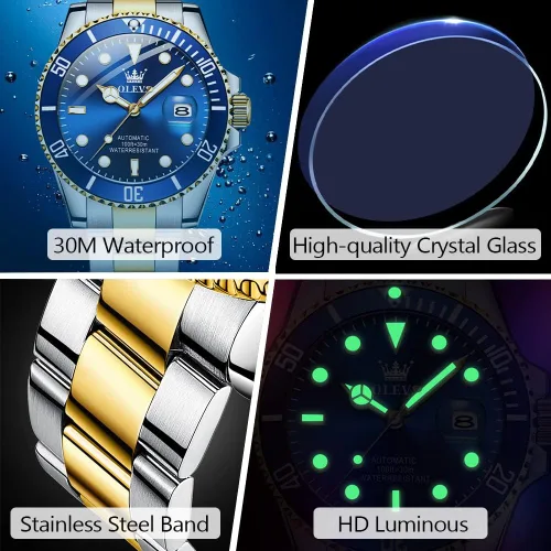 Vista 6 de Reloj automático de viento automático para hombre, reloj de lujo de acero inoxidable con fecha, reloj clásico impermeable con bisel giratorio
