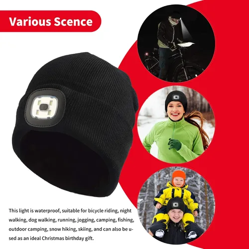 Vista 6 de RIDEIWAKE Gorro con linterna frontal recargable, gorro de invierno de punto iluminado para hombres, padres, pesca, camping, regalos para hombres