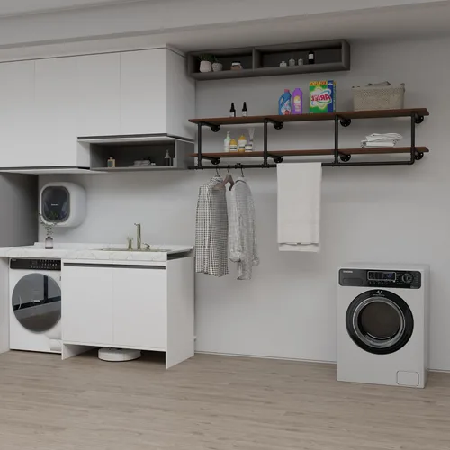 Vista 2 de Perchero para ropa de 72 pulgadas, para montar en la pared, con estante de madera real, perchero colgante resistente, barra para colgar multiusos