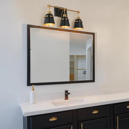 Vista 5 de Lámparas de baño de oro negro, modernas luces de tocador de granja sobre el espejo, 3 luces de cobre dorado con pantalla de metal y artesanía Negro