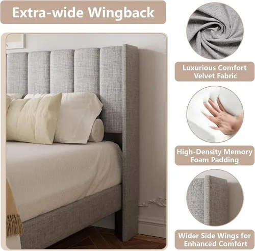 Vista 4 de HAOARA - Base de cama tamaño Queen con cabecera acolchada tapizada en terciopelo y diseño acanalado vertical y respaldo en forma de ala, base