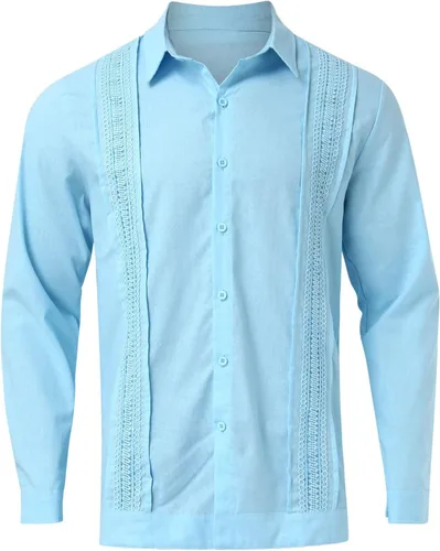 Vista 4 de Camisa de manga larga de lino y algodón para hombre, estilo casual, de verano, guayabera cubana, con botones, cuello de solapa sólida