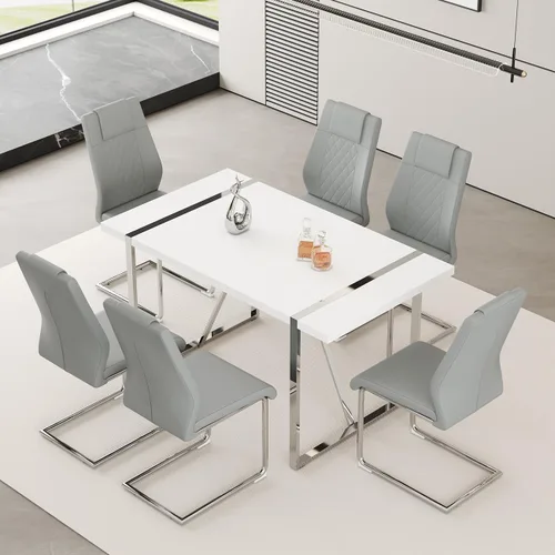 Vista 41 de Juego de mesa de comedor moderna de 55 pulgadas para 4, mesa de comedor negra y marco de metal dorado, mesa de comedor rectangular con 4 sillas