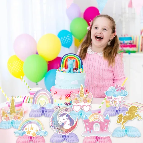 Vista 5 de Decoraciones de cumpleaños de unicornio, 9 piezas de centro de mesa de unicornio arcoíris con panal de abeja, decoraciones de mesa para niños