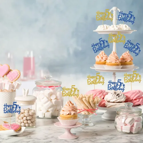 Vista 5 de Decoración para cupcakes de cumpleaños de 5 años, suministros para cupcakes de cumpleaños de 5 años, decoraciones para fiestas de cumpleaños de 5
