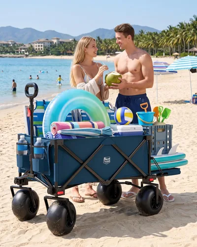 Vista 4 de TIMBER RIDGE Beach Wagon with Balloon Wheels& All-Terrain Wheels, Tailgate 300 lbs Heavy Duty Foldable Wagon for Sand Camping Sports，47" L Beach
