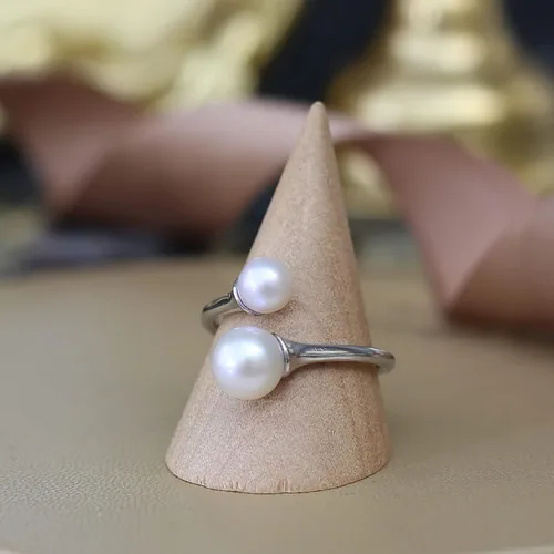 Vista 5 de Anillo de 2 perlas de plata de ley con perlas dobles para mujer, anillos de piedra natal de junio ajustable 925 para adolescentes y niñas con piedra