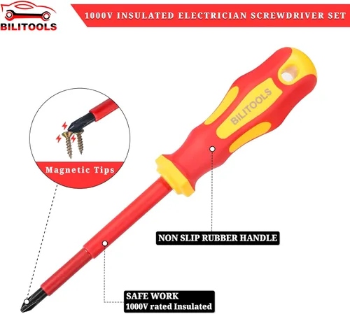 Vista 6 de BILITOOLS Juego de destornilladores y alicates para electricistas aislados de 1000 V - Kit de 7 herramientas eléctricas con destornilladores