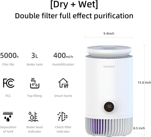 Vista 7 de Combo de purificador de aire y humidificador para dormitorio, purificador de aire HEPA 2 en 1 con humidificador evaporativo, sistema de aire