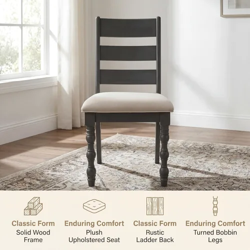 Vista 5 de Kmax Juego de 2 sillas de comedor de granja, silla de cocina rústica tapizada con respaldo de escalera, silla de madera natural con patas de columna