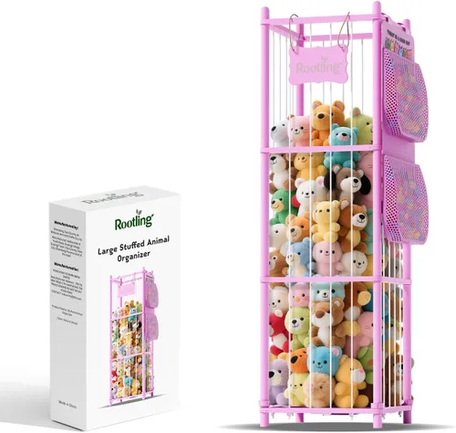 Vista 9 de Almacenamiento y organizador de animales de peluche, soporte de madera de 54 pulgadas de alto para juguetes de zoológico con bolsa de almacenamiento