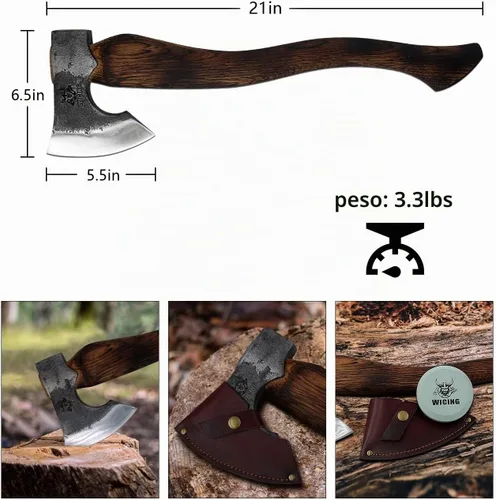 Vista 2 de Hacha de camping – Hacha de corte de 21 pulgadas para división de madera y leña, acero 1055 de alto carbono y mango de madera de haya, con funda