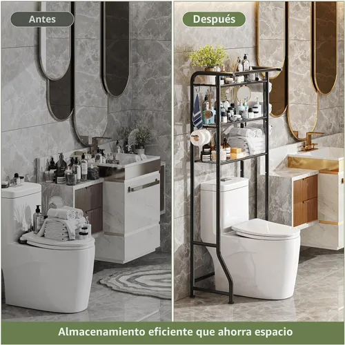 Vista 5 de Simple Trending Sobre el gabinete de almacenamiento del inodoro, organizador de estante de baño de metal con soporte para papel y ganchos, 3