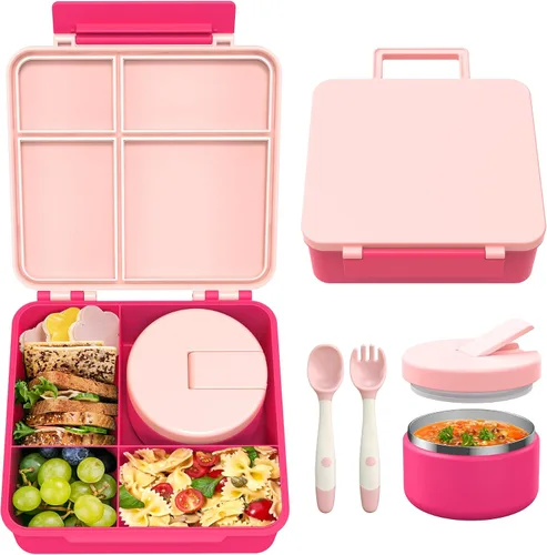 Vista 9 de Lonchera Bento con termo de sopa de 8 onzas, recipientes de almuerzo a prueba de fugas con 4 compartimentos, tarro térmico para comida caliente